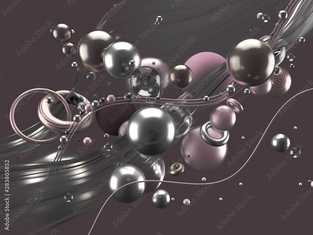Obraz premium Beautiful abstract background with volume elements, balls, texture, lines. 3d illustration, 3d rendering.