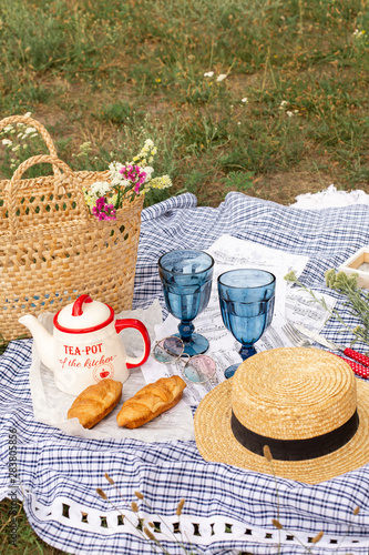 Fototapeta Naklejka Na Ścianę i Meble -  Stylish picnic on the green lawn. Fresh croissants and a teapot with tea on a bedspread near a wicker female hat. Instagram content