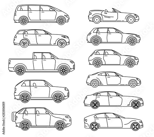 Car body style. Passenger Coupe. Outline Pickup, doodle Sedan Hatchback and Convertible SUV Minivan MPV. Three and five-door auto. Set of Monoline icons for web and mobile UI.