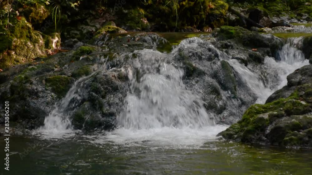 Scenic natural view of waterfall in woods with small pond in foreground Scenic natural view of waterfall in woods with small pond in foreground