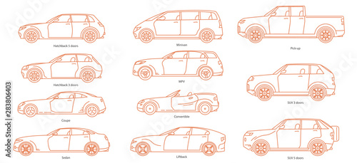 Car body style. Passenger Coupe. Outline Pickup Sedan Hatchback and Convertible SUV Minivan MPV. Three and five-door auto. Set of Monoline icons for web and mobile UI.