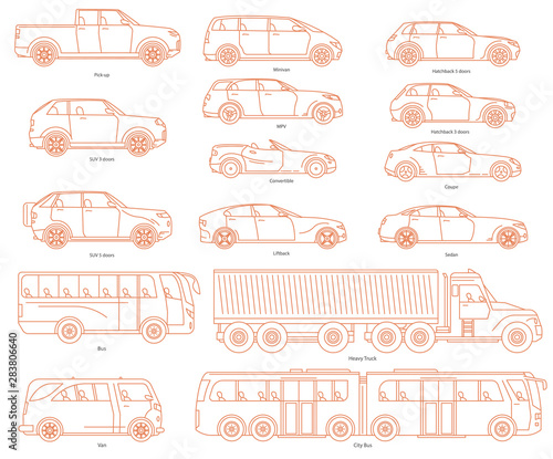 Car body style. Public transport and Passenger Coupe. City bus, heavy truck, Van. Outline Pickup Sedan Hatchback and Convertible SUV Minivan MPV. Three and five-door automobile. Set of Monoline icons