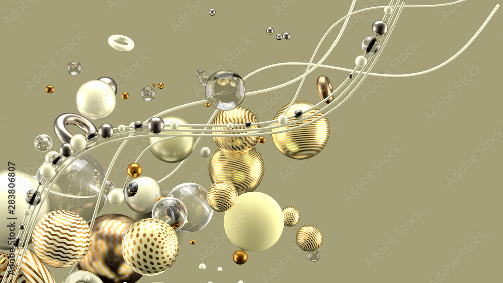 Obraz premium Beautiful abstract background with volume elements, balls, texture, lines. 3d illustration, 3d rendering.