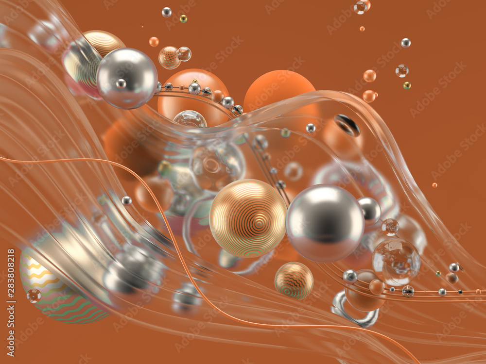 Obraz premium Beautiful abstract background with volume elements, balls, texture, lines. 3d illustration, 3d rendering.