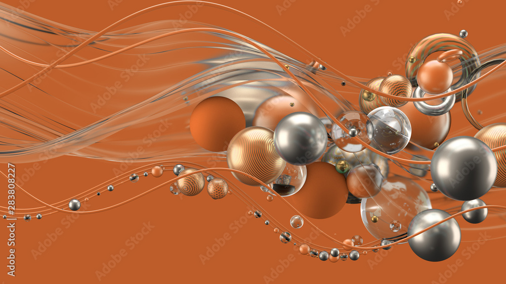 Obraz premium Beautiful abstract background with volume elements, balls, texture, lines. 3d illustration, 3d rendering.