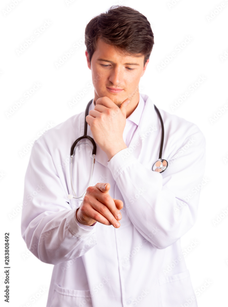 Cutout Closeup Of Pensive Doctor Pointing Forward Cutout Closeup Of Pensive Doctor Pointing Forward