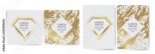 Set of design templates with golden texture, marble effect. Luxury and elegance. Gold and white color. Vector diamond shaped stroke.