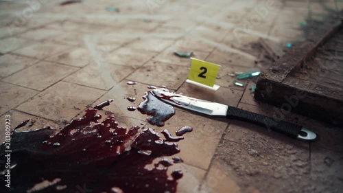 Crime scene with knife marked with number in blood of victim on floor. Investigation of cruel murder photo