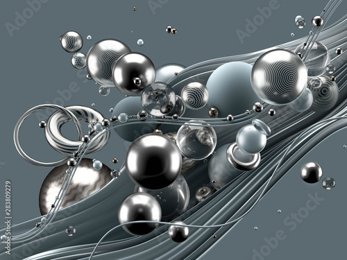 Beautiful abstract background with volume elements  balls  texture  lines. 3d illustration  3d rendering.