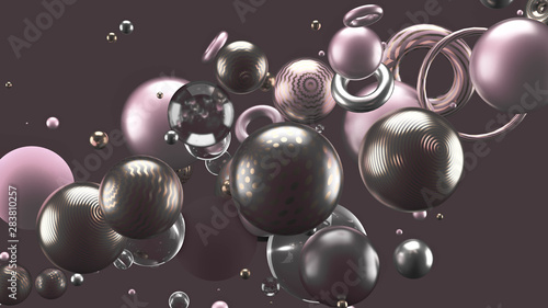 Beautiful abstract background with volume elements, balls, texture, lines. 3d illustration, 3d rendering.