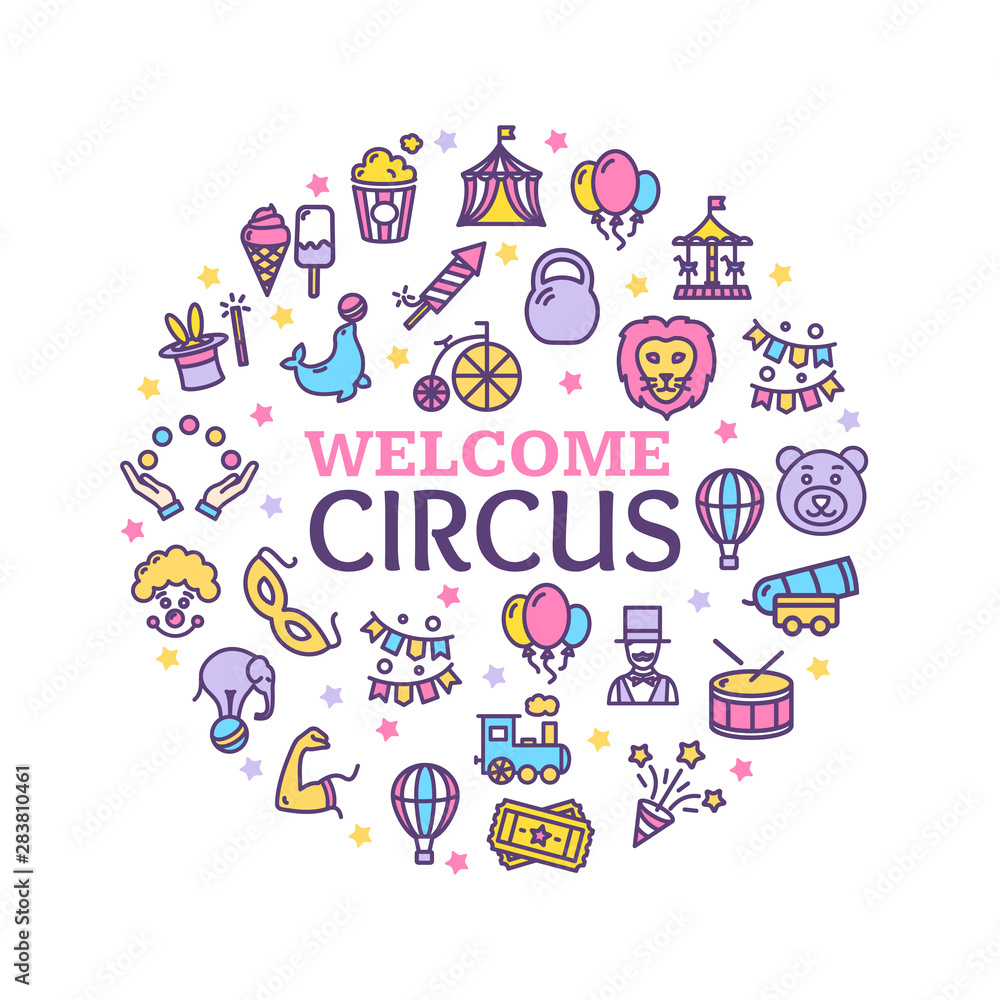 Circus Signs Round Design Template Thin Line Icon Concept. Vector
