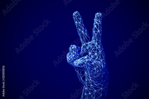 Artificial intelligence victory concept: digital 3D human or robot hand showing victory gesture. Information technology background. Fingers lifted up showing number two. EPS 10, vector illustration.