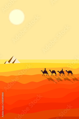 Desert Landscape with Sand Dunes. Caravan of Camels Goes to Symbol of Egyptian Pyramids. Silhouette Design in a Flat Style.
