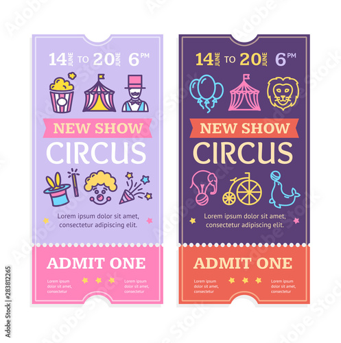 Tickets Circus Set with Color Thin Line Icon. Vector