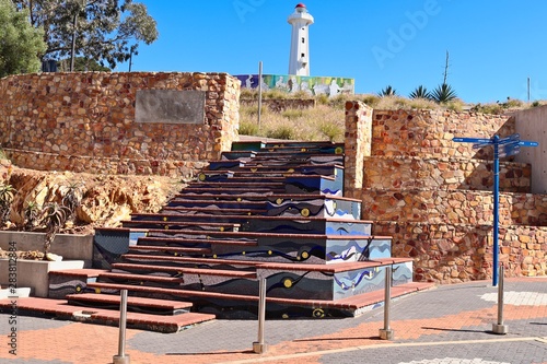 Beautiful mosaic steps leading up to the Donkin Reserve lighthouse in Port Elizabeth, South Africa. This is a popular tourist attraction in the city. 
