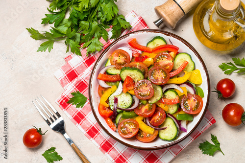 Summer fresh vegetable salad on light table top view.