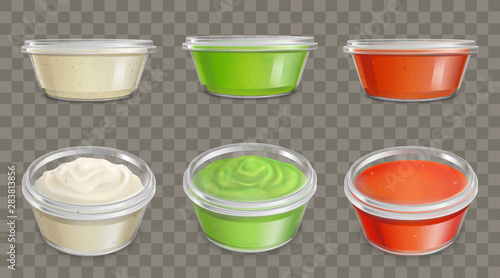 Hot sauces in sealed, transparent containers with lid side, top view 3d realistic vector set isolated on transparent background. Red chili, tartar sauces and guacamole dip in plastic tray illustration