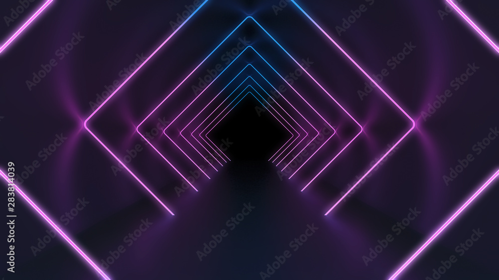 Mysterious background with glowing neon tunnel in darkness