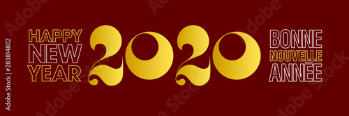 Bannière pour les vœux 2020 graphique et typographique or sur fond rouge nuit - texte français et anglais - traduction : bonne année.