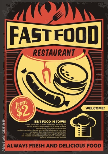 Fast food restaurant promotional menu pamphlet with grilled sausage, chef hat and delicious burger. Barbecue menu vector illustration.