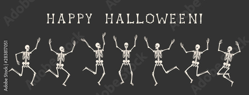 Happy Halloween. Dancing human skeletons on party of skeletons. Seven white silhouettes of skeletons are isolated on black background. Vector illustration