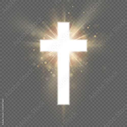 Shining white cross effect on transparent background. Shining saint cross. Riligious symbol. Easter and Christmas sign. EPS 10