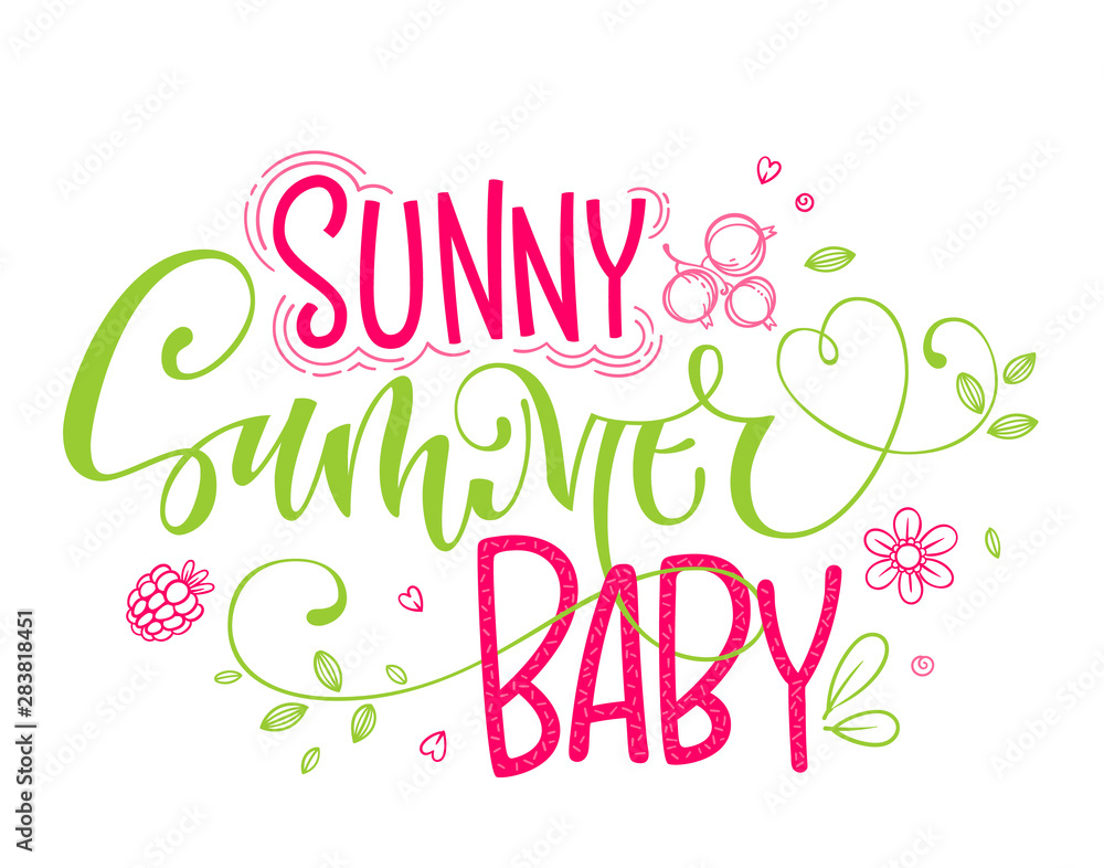 Sunny Summer Baby quote. Hand drawn modern calligraphy Baby Shower party lettering logo phrase.