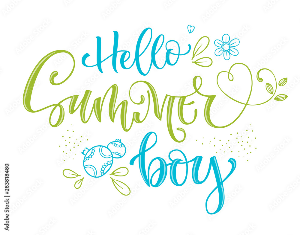Hello Summer Boy quote. Hand drawn modern calligraphy Baby Shower party lettering logo phrase.