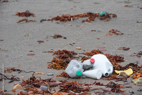 Plastic trash on a remote beach of the Arctic Ocean