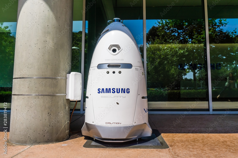 August 9, 2018 Mountain View / CA / USA - Knightscope security robot  branded with the Samsung logo docked