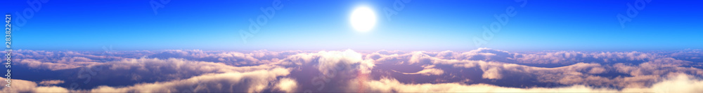 Panoramic view over the clouds. The sun over the clouds. The sky is from above. Banner. 
