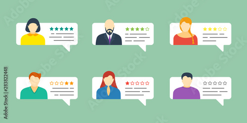 Feedback chat speech bubble set with male and female avatars. Review grading system five stars rating with good and bad testimonial rate collection. Vector quality appraisal illustration concept