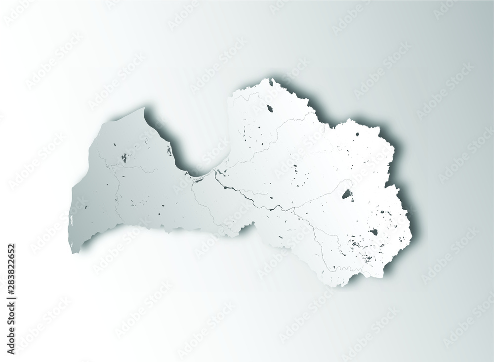 Obraz premium Map of Latvia with paper cut effect. Hand made. Rivers and lakes are shown. Please look at my other images of cartographic series - they are all very detailed and carefully drawn by hand WITH RIVERS A