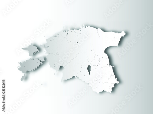 Map of Estonia with paper cut effect. Hand made. Rivers and lakes are shown. Please look at my other images of cartographic series - they are all very detailed and carefully drawn by hand WITH RIVERS 