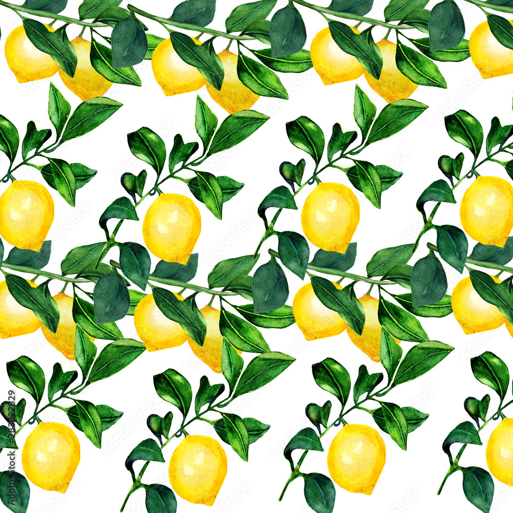 Lemon on a branch seamless background. Watercolor pattern of citrus leaves for the design of wedding invitations, cards. Lemon on a branch seamless background. Watercolor pattern of citrus leaves for the design of wedding invitations, cards.