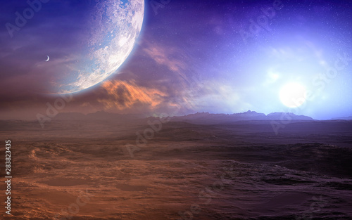 distant alien planet desert landscape environment with majestic sky and day to night transition