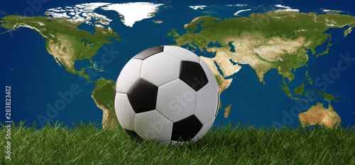 Fototapeta Naklejka Na Ścianę i Meble -  soccer ball on grass in front of world map 3d-illustration. elements of this image furnished by NASA
