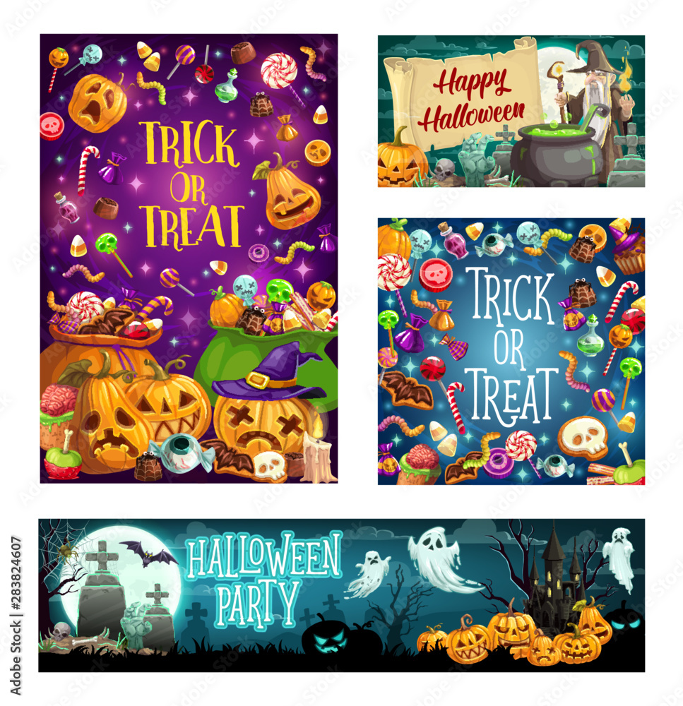 Halloween trick or treat party cartoon celebration