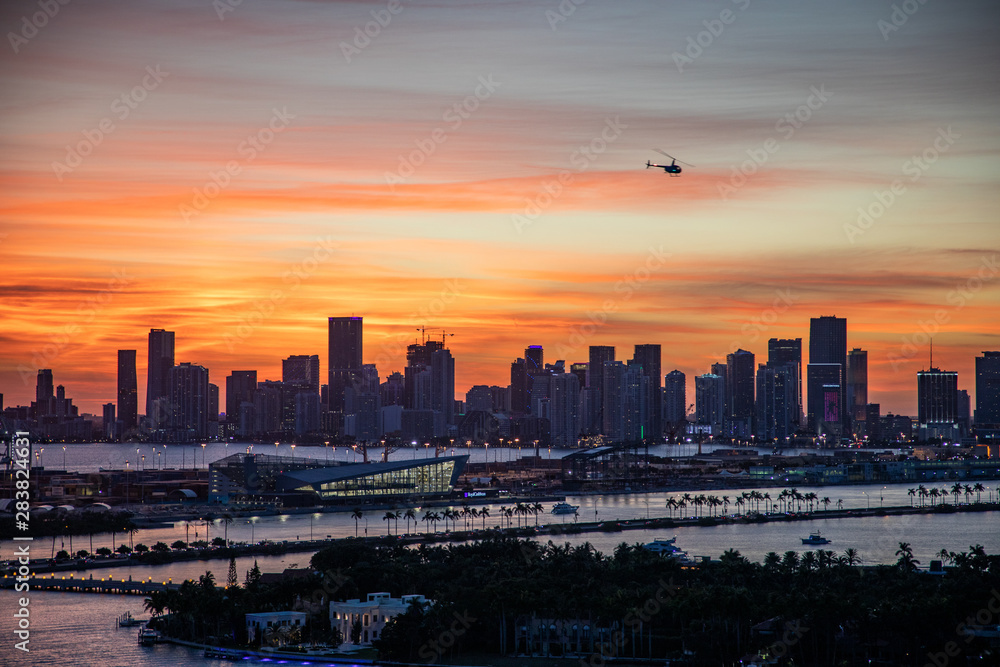 Aerial View to Miami Downtown at Sunset in Florida