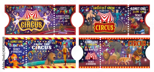Circus tickets, animal jugglers and clowns show