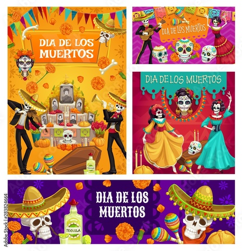 Day of Dead altar, sugar skulls, dancing skeletons