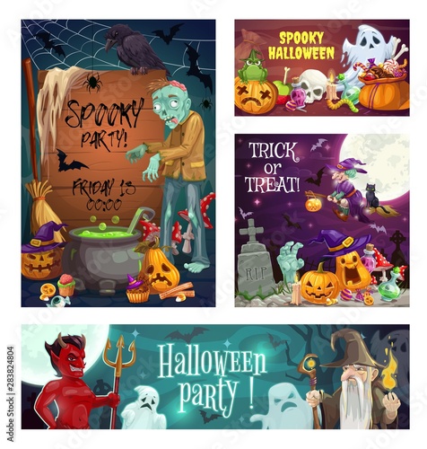 Halloween ghosts, witch, pumpkins and candies