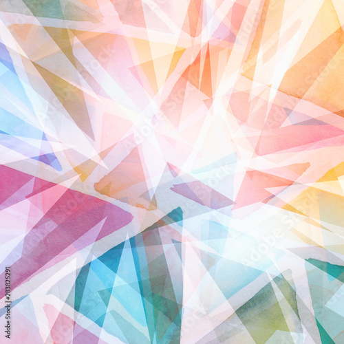 abstract triangle shapes layered in random pattern, orange pink blue green yellow and purple on white background, transparent geometric triangle background design