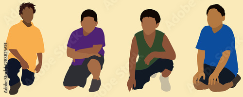Black Little Boys Squatting or Kneeling
