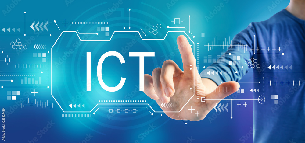 Information and communications technology with a man on a blue background Information and communications technology with a man on a blue background