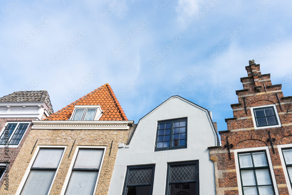 historical gables of houses in street called Vlasmarkt. Middelburg, The Netherlands