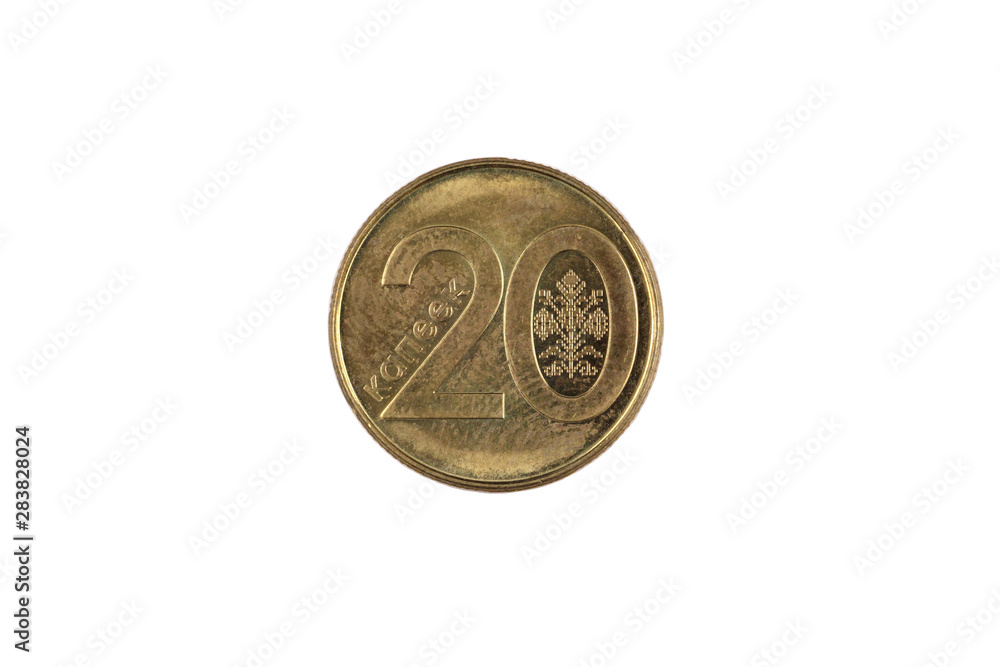 A twenty kapiejka coin from Belarus isolated on a white background, shot in close up macro A twenty kapiejka coin from Belarus isolated on a white background, shot in close up macro