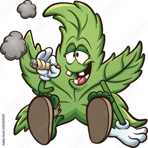 Naklejka Cartoon cannabis plant character smoking a marihuana joint clip art. Vector illustration with simple gradients. All in a single layer. 