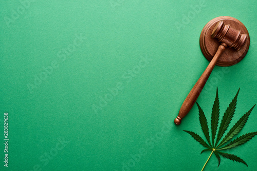 Fotografía top view of green cannabis leaf near wooden gavel on green background with copy