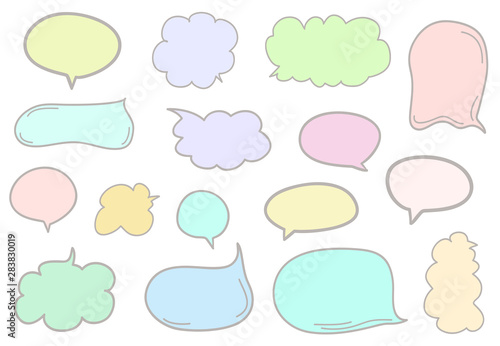 Set of hand drawn multicolored think and talk speech bubbles on white. Abstract clouds on isolation background